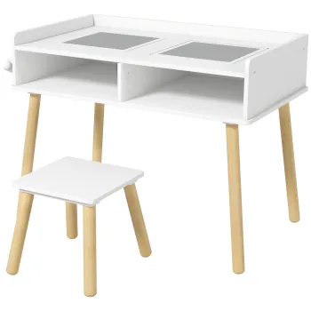 HOMCOM Set de Masa si Scaun pentru Copii, Masa de Activitati pentru Copii Mici 3 in 1 cu Tabla de Constructie, 87x45x59.5 cm, Alb imagine