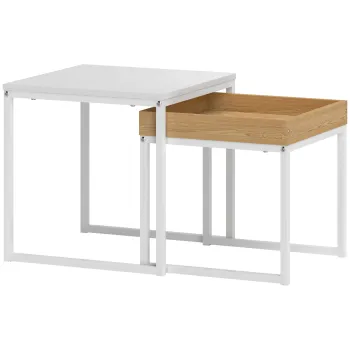 HOMCOM Set de Masute de Cafea Impilabile Moderne cu Tava, 45x45x45 cm, Alb si Stejar | Aosom Romania imagine