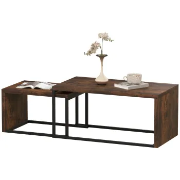 HOMCOM Set de Mese de Cafea 2 bucati, Masa de Cafea, Masa Laterala, MDF, Metal, 90 x 48 x 42 cm / 59 x 42 x 36 cm, Negru+Maro | Aosom Romania imagine