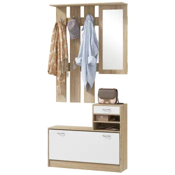 HOMCOM Set de Mobilier pentru Hol cu Raft pentru Pantofi, Oglinda si 2 rafturi Reglabile, 90x24x177 cm, Lemn Natural | Aosom Romania imagine