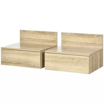 HOMCOM Set de Noptiere Suspendate de 2 Noptiere de Perete cu Sertar de Depozitare pentru Dormitor, Natural | AOSOM RO imagine