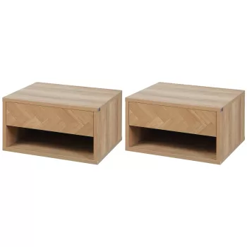 HOMCOM Set de Noptiere Suspendate de 2 Noptiere de Perete cu Sertar de Depozitare si Raft Deschis pentru Dormitor, Natural | AOSOM RO imagine