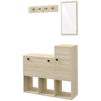 HOMCOM Set de Organizare a Intrarii 3 in 1 cu Banc de Depozitare a Pantofilor pentru 9 Perechi de Pantofi, Pom de Hol cu Oglinda, Dulap si Rafturi Deschise, Raft de Perete cu 4 Carlige, Natur imagine