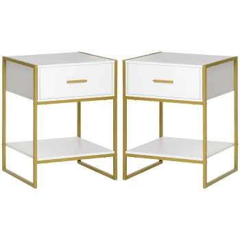 HOMCOM Set din 2 Noptiere Moderne, Noptiera cu Raft si Sertar, Organizatoare de Depozitare pentru Dormitor, Camera de Zi, 45x40x60 cm, Alb si Auriu imagine