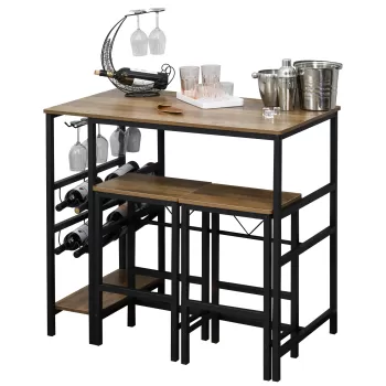 HOMCOM Set Masa cu 2 Scaune de Bar din Lemn 8 Suporturi pentru Sticle 4 Suporturi pentru Pahare imagine