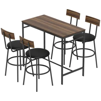 HOMCOM Set masa de bar 5 piese cu 4 scaune, design industrial, pentru bucatarie, sufragerie, lemn, otel, maro | Aosom Romania imagine