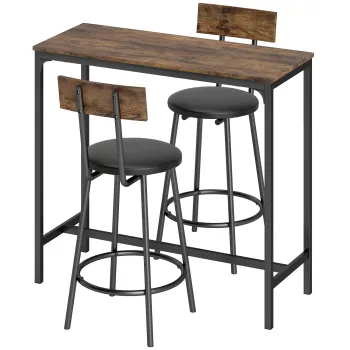 HOMCOM Set Masa de Bar cu 2 Scaune Inalte, Spatar, Suport pentru Picioare, MDF, Metal, 100x40x90,5 cm, Maro Rustic | Aosom Romania imagine