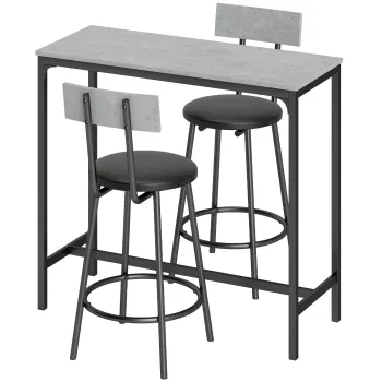 HOMCOM Set masa de bar cu taburete - masa tresen cu 2 taburete tapitate si suport pentru picioare pentru sufragerie, spatii mici, gri | Aosom Romania imagine