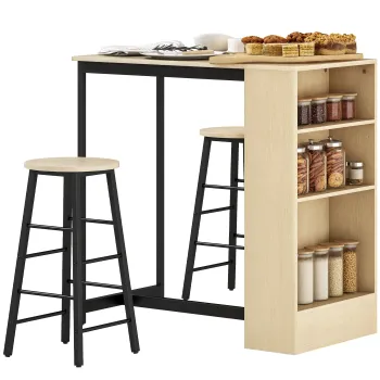 HOMCOM Set masa de bar cu tabureti, compartimente deschise, raft reglabil si suporturi pentru picioare, stejar si negru | Aosom Romania imagine