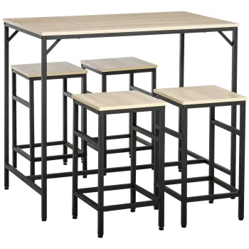 HOMCOM Set Masa de Bar Industrial + 4 taburete cu suport pentru picioare din lemn culoare Stejar Deschis Cadrul negru metalic | Aosom Romania imagine