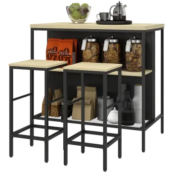 HOMCOM Set masa de bar si 2 taburete de stil industrial cu raft de depozitare, suporturi pentru picioare, metal negru si aspect lemn | Aosom Romania imagine