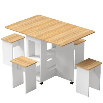 HOMCOM Set masa de dining plianta cu 4 taburete ascunse, 2 extensii rabatabile, roti, rafturi, stejar | Aosom Romania imagine