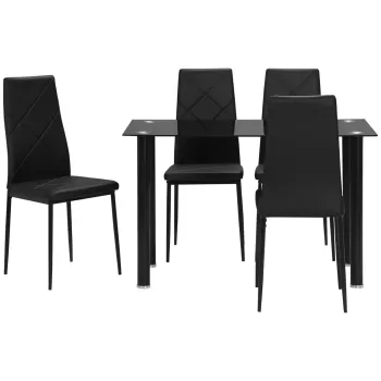 HOMCOM Set Masa de Sufragerie cu 4 Scaune, Masa Dreptunghiulara din Sticla Securizata si Otel si Scaune Capitonate cu Spatar Inalt pentru Bucatarie si Salon, Negru imagine