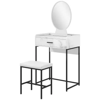 HOMCOM Set Masa de Toaleta cu Oglinda, Sertar si Scaun Captusit, Alb | Aosom Romania imagine