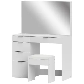HOMCOM Set Masa de Toaleta cu Oglinda si 5 Sertare si Taburet de Machiaj Tapitat, 97,2x44,5x136,5 cm, Alb | Aosom Romania imagine
