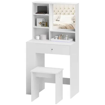 HOMCOM Set Masa de Toaleta cu Scaun, Statie de Machiaj cu Sertar, Oglinda si Rafturi din Lemn, 70x40x137 cm, Alb | Aosom Romania imagine