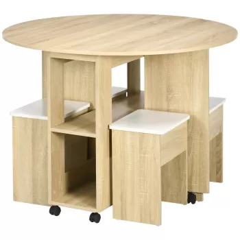 HOMCOM Set masa dining pentru 4 persoane, set masa de bucatarie 5 piese cu extensie plianta, cu rotile si 4 scaune | Aosom RO imagine