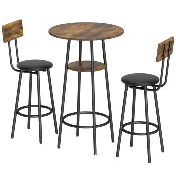 HOMCOM Set masa inalta industrial cu 2 taburete tapitate, suporturi pentru picioare, cadru metalic, masa de bucatarie cu raft, Maro rustic | Aosom Romania imagine