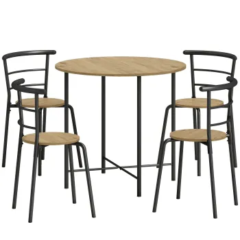 HOMCOM Set Masa Rotunda de Dining cu 4 Scaune Economisitor de Spatiu in Lemn si Metal Stil Industrial | Aosom Romania imagine