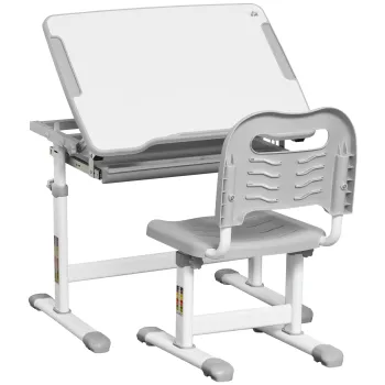 HOMCOM Set Masa si Scaun pentru Copii 6-12 ani, Reglabil pe Inaltime, cu Blat Inclinabil la 45?, 66x47x52-77 cm, Gri | Aosom Romania imagine