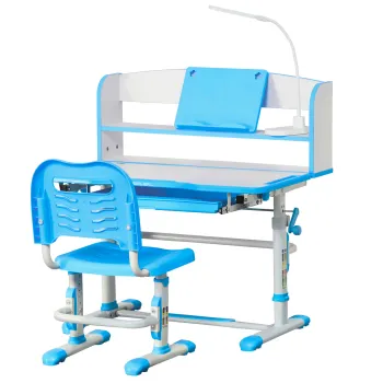 HOMCOM Set Masa si Scaun pentru Copii 6-12 Ani Reglabile pe Inaltime si Blat Inclinabil 45?, 80x54,5x82-104 cm, Albastru | Aosom Romania imagine