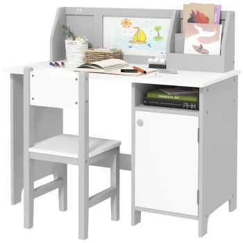 HOMCOM Set masa si scaun pentru copii cu tabla alba - birou pentru copii +5 ani - 90L x 45l x 85H cm Gri | Aosom Romania imagine