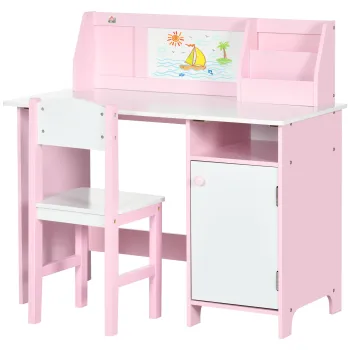 HOMCOM Set Masa si Scaune pentru Copii 5-8 Ani cu Spatiu de Depozitare, Tabla si Scaun, 90x45x85 cm, Roz | Aosom Romania imagine