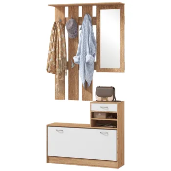 HOMCOM Set Mobilier Modern cu Etajera pentru Pantofi, Oglinda cu 6 Carlige, 2 Rafturi si Sertare, 90x24x177 cm, Lemn Natural | Aosom Romania imagine