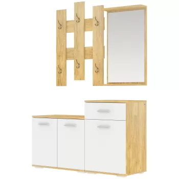HOMCOM Set pentru Intrare 3 in 1 cu Cuier de Perete, Oglinda si Suport pentru Pantofi cu Banca din Lemn, Culoare Lemn natur si Alb | AOSOM RO imagine