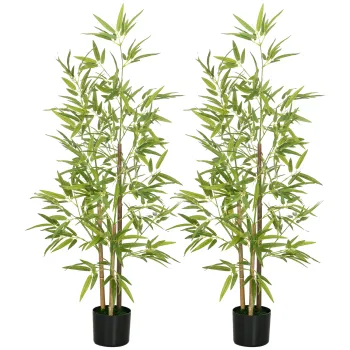 HOMCOM Set Plante Bambus Artificiale cu 3 Trunchiuri cu Ghiveci, Plante Artificiale din PP si Metal, 15x15x120 cm, Verde | Aosom Romania imagine