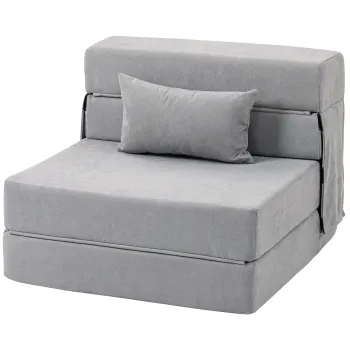 HOMCOM Sofa la sol, canapea tapitata, transformabila in saltea, spuma, perna, Gri deschis | Aosom Romania imagine