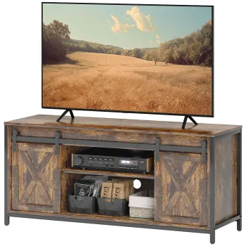 HOMCOM Stand TV Lowboard, Design industrial, pentru televizoare de 60'', 6 rafturi, 2 usi glisante, Maro/Negru | Aosom Romania imagine