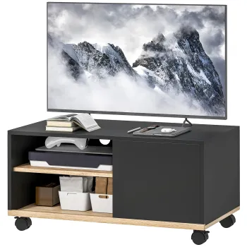 HOMCOM Stand TV pe Roti cu 2 Frane - 2 nise + Dulap cu Usa 2 Treceri pentru Cablu - din Lemn Negru si Stejar Deschis | Aosom Romania imagine