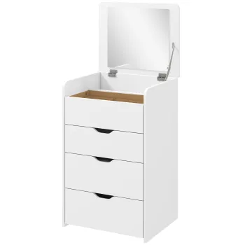 HOMCOM Statie de Machiaj 3 in 1 cu Oglinda Rabatabila, Scaun Ascuns, Toaleta de Machiaj cu Scaun Tapitat pe Roti, 3 Sertare, Blat din Sticla Transparenta, Compartiment, Compact, Alb | Aosom Romania imagine