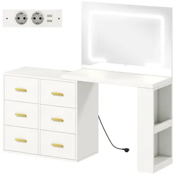 HOMCOM Statie de Machiaj cu Lumini LED, 3 Culori, Luminozitate Reglabila, Toaleta Convertibila cu Prize Electrice, 6 Sertare Soft Close, Oglinda, Rafturi Deschise, pentru Dormitor, Alb | Aosom Romania imagine