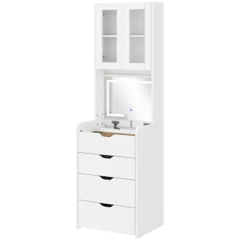 HOMCOM Statie de Machiaj cu Lumini LED in 3 Culori, Oglinda Rabatabila, Scaun Ascuns, Masuta de Machiaj cu Scaun Imbunatatit, 3 Sertare, Compartiment, Dulap cu Usi din Sticla, Modern, Alb | Aosom Romania imagine