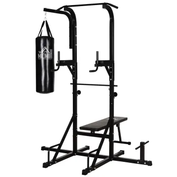 HOMCOM Statie si Multifunctional pentru Antrenament din Otel cu Bara Tractiuni, Scaun Roman, Sac de Box, 180x183x219cm imagine