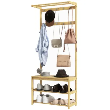 HOMCOM Suport de Haine cu 10 Carlige, 2 Bare si Banca pentru Pantofi, Suport de Haine de Podea, 70x31x170 cm, Maro | Aosom Romania imagine