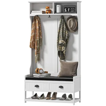HOMCOM Suport de haine cu carlige, Garderoba cu banca pentru pantofi, pentru intrare, hol, Metal, MDF, Alb+Gri | Aosom Romania imagine
