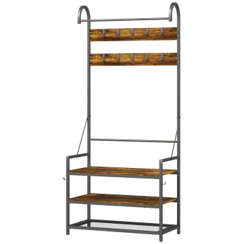 HOMCOM Suport de Haine de Intrare cu Bara, 10 Carlige Mobile, Banca si Raft pentru Incaltaminte, Mobilier in Pal si Metal, Design Industrial, 80x40x182 cm, Maro si Negru | Aosom Romania imagine