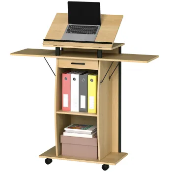 HOMCOM Suport de Podium cu Role, Pupitru cu Aripi Laterale Pliabile, Masuta pentru Laptop cu Sertar si Rafturi, Stejar | Aosom Romania imagine