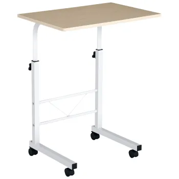 HOMCOM Suport lateral reglabil pe inaltime mobila masa de cafea cu roti franare C-Tables Placa de lemn Otel Metal Plastica Alb Fag 60 x 40 x 68-78 cm | Aosom Romania imagine