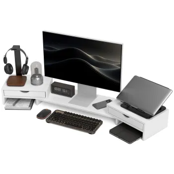 HOMCOM Suport monitor PC pentru birou cu 2 sertare, reglabil in lungime si unghi, pentru ecrane de 60-116 cm | Aosom Romania imagine