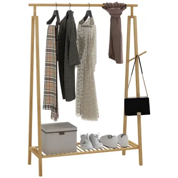 HOMCOM Suport pentru Haine din Bambus cu Sina Suspendata, Raft de Depozitare a Pantofilor si Cuier Lateral, 110x42x152 cm, Natural imagine