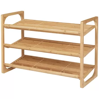 HOMCOM Suport pentru pantofi cu 3 niveluri, organizator de depozitare pantofi din bambus cu rafturi cu sipci, suport pentru pantofi | AOSOM RO imagine