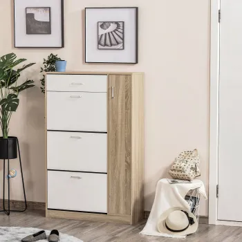 HOMCOM Suport pentru Pantofi Modern care Economiseste Spatiu cu 3 Usi si Rafturi Reglabile, Sertar si Dulapior cu Polite, Culoarea Lemnului si Alb imagine