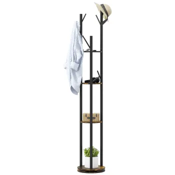 HOMCOM Suport Rotativ pentru Haine, Cuier Industrial cu 4 Rafturi si 8 Carlige pentru Hol, Dormitor, Living, 30x30x175 cm, Maro Rustic imagine