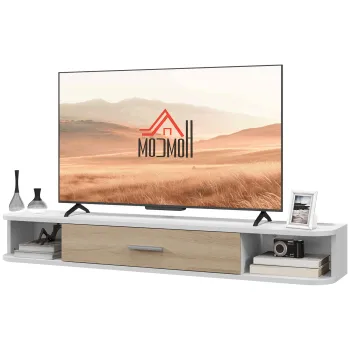 HOMCOM Suport TV suspendat banc TV pana la 50 de inch cu compartimente deschise si dulap cu usa rabatabila alb | Aosom Romania imagine