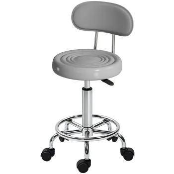 HOMCOM Taburet cu roti, rotativ si reglabil cu spatar, tapiterie din piele ecologica, suport pentru picioare, pentru mese de frizerie, Gri | Aosom Romania imagine