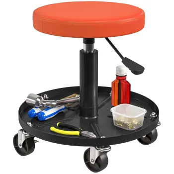 HOMCOM Taburet de atelier cu 5 roti pivotante 360?, inaltime reglabila 38-50 cm, cu tava, 38 x 38 x 38-50 cm, portocaliu | Aosom Romania imagine